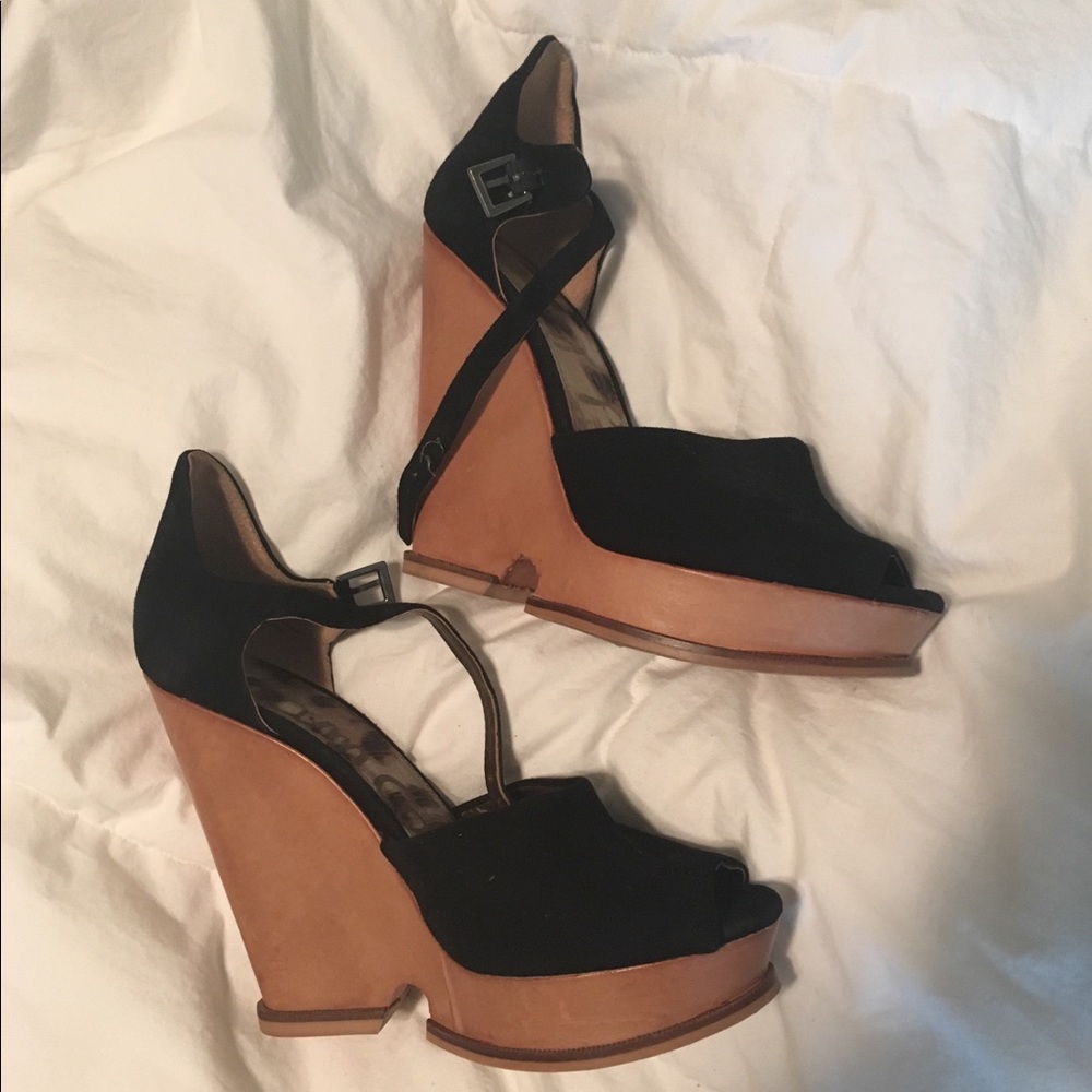 Sam Edelman Javi peep toe ankle strap wedges black
